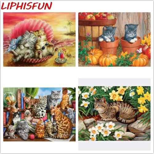 LIPHISFUN Full Square Diamond Painting Kittens Cats Garden 5D Diy Diamond Embroidery Animal Picture Of Rhinestone Home Decor