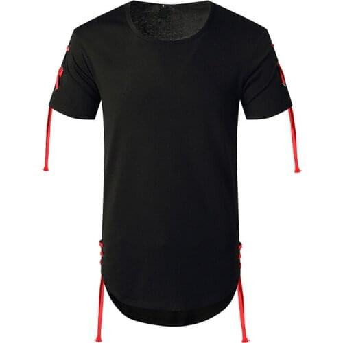 Mens Black Drawstring Streetwear T Shirt Men Short Sleeve Casual Round Hem Cotton Tshirt Men Hip Hop Hippie T Shirts Male Camisa