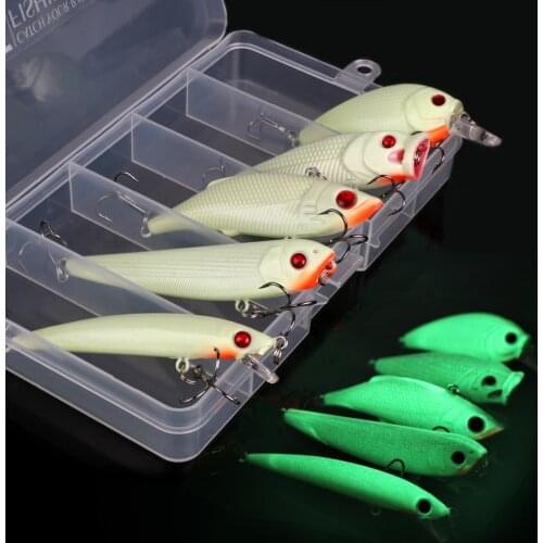 Goture 5pcs/lot Night Fishing Lure Kits Minnow/Wobblers/Popper/VIB/Pencil Lures Fishing Luminous Artificial Bait With Lure Box