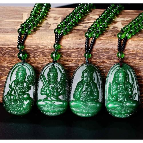 Natural Stone Green Quartz Carved Buddha Lucky Amulet Pendant Necklace Maitreya Fine Jewelry for Women Men Sweater Chain Pendant