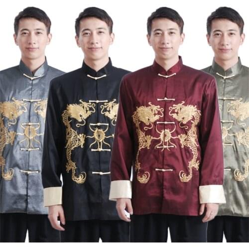 New Year Traditional Chinese Clothing for Men Print Dragon Long Sleeve China Fashion Style Blouse Wu Tang Retro Top Clothes
