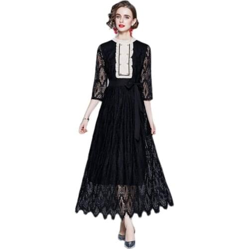 New 2021 Summer Runway Ruffle Flower Embroidery Black Lace Dress Party Women White Collar Double Breasted Bow Belt Long Dresses
