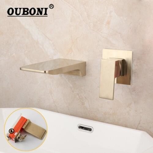 OUBONI Brushed Gold Bathroom Bathtub Faucet Wall Mounted Soild Brass Waterfall Water Basin Sink Bathtub Mixer Tap Faucet Set