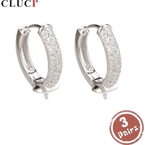 CLUCI 3 pair wholesale 925 Sterling Silver Pearl Earrings Mounting for Women Jewelry Silver 925 Zircon Hoop Earrings SE019SB