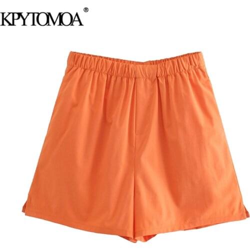 KPYTOMOA Women 2021 Chic Fashion Side Pockets Bermuda Shorts Vintage High Elastic Waist Female Short Pants Mujer