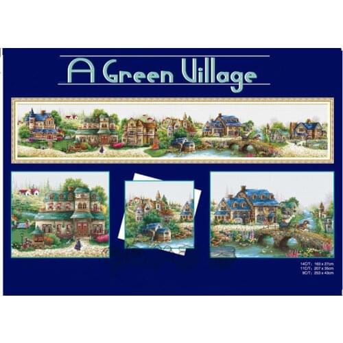 Available 14CT Needlework Embroidery Package Green Tree Flower Small Town In Europe Cross Stitch Kit