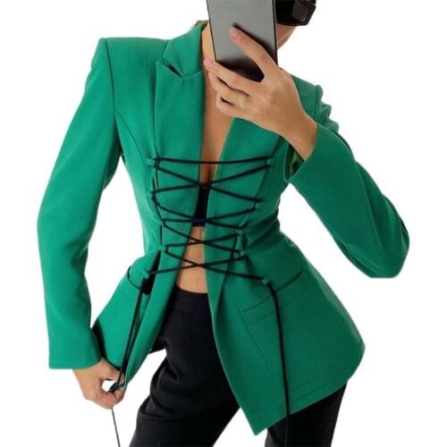 Office Lady Suits Jacket 2021 Blazer Solid Color Pockets Spring Autumn Turndown Collar Bandage Suits Jacket Coat Streetwear