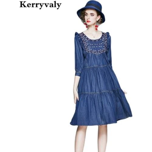 National Style Retro Embroidery Cable Lock Denim Dress Women Autumn Loose Plus-sized A- Line Jeans Gothic Party Dress K3197