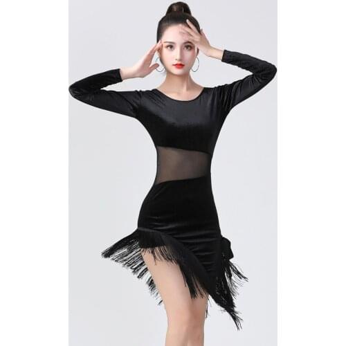 Black Latin Dance Dress Short-sleeve Latin Dance Tassel one-piece dress for women female Ballroom tango Cha Cha Rumba Costumes
