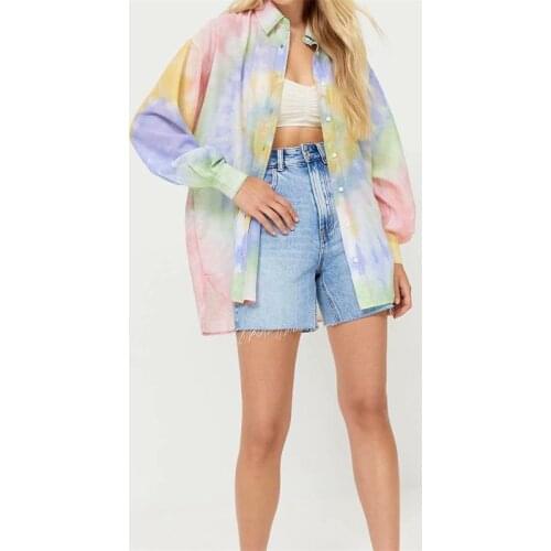 ZXQJ Women 2021 Fashion Oversized Tie-dye Print Blouses Vintage Long Sleeve Side Vents Female Shirts Blusas Chic Tops
