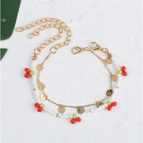 2 Pcs/Set Cute Handmade Beaded White Red Glass Beads Weave Cherry Bracelets For Women Gold Color Metal Iron Sheet Chain Bracelet