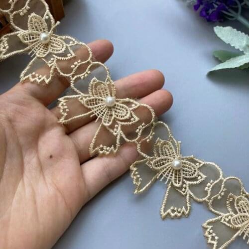 20X Gold Lace Trim Ribbon Pearl Vivid Lovely Double Layer Bowknot Embroidered Applique Fabric DIY Wedding Dress Sewing Supplie