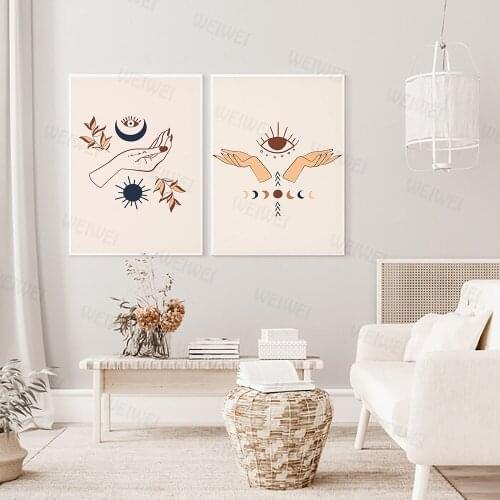 Abstract Mystic Hand Sun Moon Scene Boho Canvas Prints Painting Wall Art Pictures Posters for Living Room Home Decor No Frame