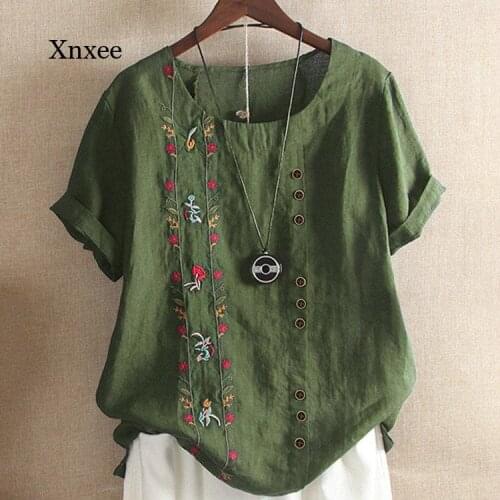 Summer Embroidery Blouses Short Sleeve Shirt Women Vintage Cotton Linen Blouse Female Chemise Boho Slim Blusas Casual Tunic Tops