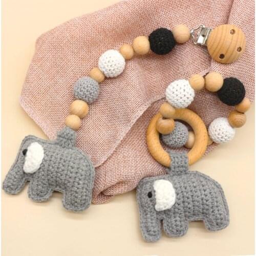 1 Set Cartoon Crochet Elephant Baby Pacifier Clip Chain Baby Teether Bracelet Set Wooden Beads Nipple Holder Newborn Pram Clip