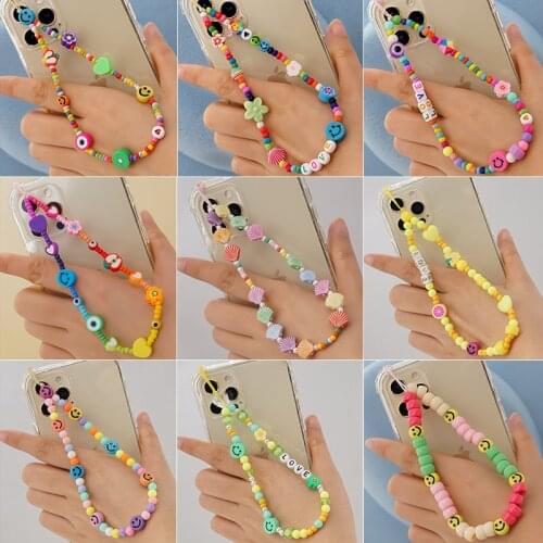 2021 New Ins Trendy Colorful Smiling Beads Chain Mobile Phone Chain Anti-lost Handmade Charm Acrylic Cord Lanyard for Women