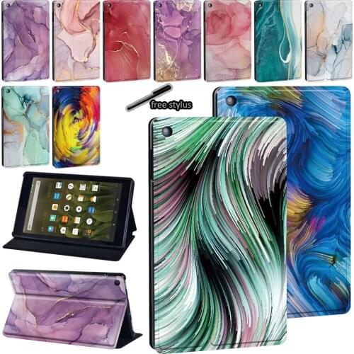 Tablet PU Leather Stand Cover for Amazon Fire 7/Fire HD 8/Fire HD 10 Watercolor Print Series Pattern Protective Case+Stylus