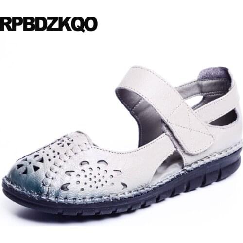 China Foldable 2018 Traditional Chinese Shoes Elderly Grey Sandals Breathable Hollow Out Ladies Large Size Round Toe Flats Women