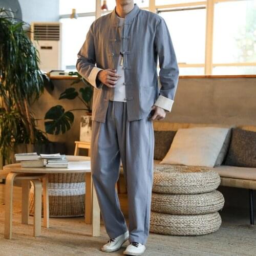Chinese Style Linen Suit Ancient Style Clothing Fashion Simple Large Size Long Sleeve Top 5XL Trousers Men Clothes