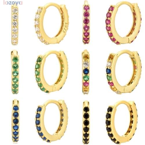 Lozoya 925 Sterling Luxury Fashion Fine Silver Rainbow Zircon CZ Huggie Middle Hoop Earring Piercing Ohrringe Pendiente Jewelry