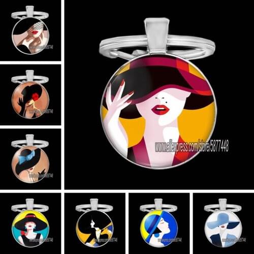 Fashion Woman Hat Beauty Girl Pattern Glass Cabochon Handmade Keychain Modern Woman on Vacation Key Ring