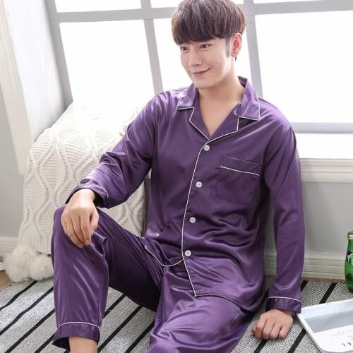 Purple Men Nightwear 2pc Shirt Pants Sleep Pajamas Sets Sleepwear Spring Autumn Rayon Silky Nightgown Robe Clothes L - XXXL