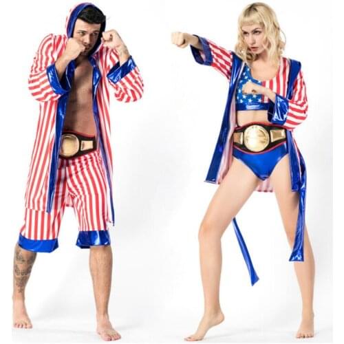 Mens Women American Flag Boxer Costume Rocky Balboa Boxing Robe Fancy Dress Halloween Party Cosplay Uniform
