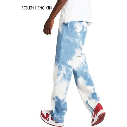 Men Jeans 2021 Casual Tie-Dyed Denim Straight-fit Pant Washed Comfort Stretch Chino Comfort Baggy The Blue Denim Pants