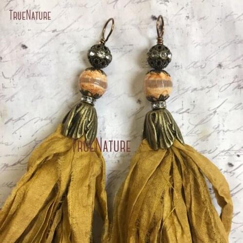 Latest Antique Brass Altered Art Cap Yellow Handcrafted Sari Silk Tassel Butterscotch Silk Tassel Necklace Pendant PM14457