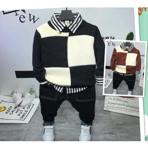 Boys Clothes Boys set Stylish Infant Toddler Baby Kids Boys Outfits Boys Knit sweater + shirt + jeans 3pcs Outfit Set 2-6years