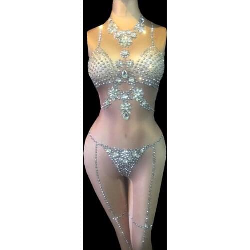 Sexy Stretch Nude Rhinestone Jumpsuit Women Sleeveless Crystal Party Bodysuit Nightclub DJ DS Dancer Leotard Performance Wear