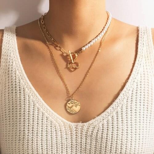Docona Charms Heart Letter Clavicle Chain for Women Bohemian Pearl Geometry Hollow Metal Necklace Wedding Jewelry Collar 17984
