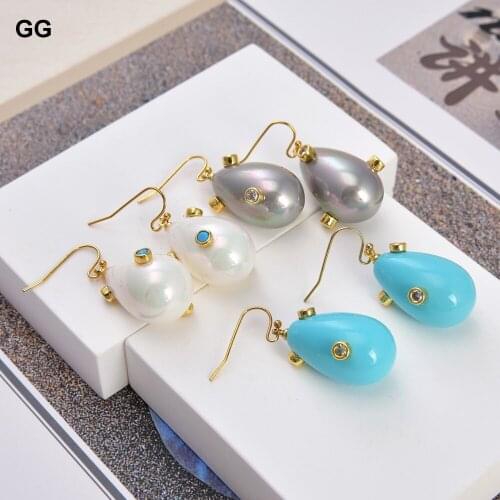 JK Teardrop Grey White Blue Sea Shell Pearl Cz Pave Hook Earrings