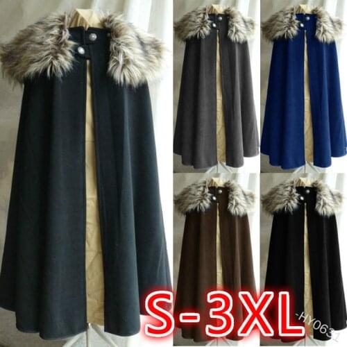 Medieval Mens Winter Cape Coat Vintage Coat Gothic Style Fur Collar Punk Cloak Cape Snow Halloween Costume
