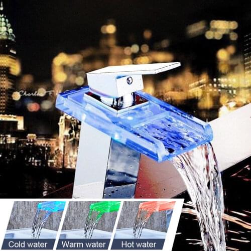 LED Basin Faucet Brass Waterfall Temperature Colors Change Bathroom Mixer Tap Deck Mounted Wash Sink Glass Taps Household Faucet