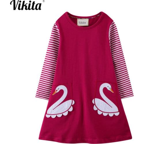 VIKITA Girls Swan Cotton Dress Children Long Sleeve Animal Appliqued Vestidso Kids Striped Autumn Winter Casual Clothes