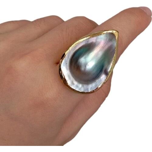 Y·YING Natural Teardrop 23x35mm Gray Mabe Pearl 24K Gold Plated Adjustable Ring