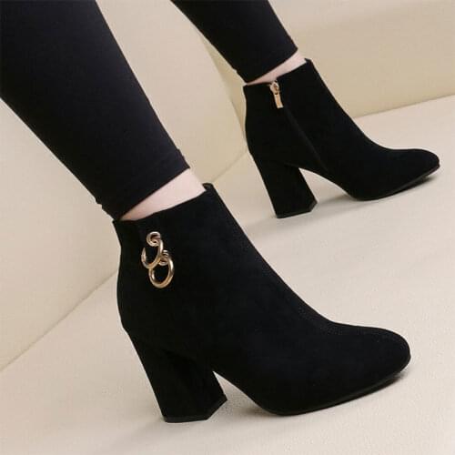 Womens Solid Color Square High Heels Zipper Suede Warm Snow Boots Round Head Suede Side with Snow Boots