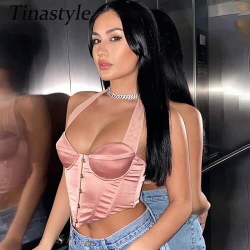 Tinastyle Halter Lace Up Sexy Camis Women Crop Top Summer Backless Bandage Corset Top Black Pink Short Slim Party Bustier Blusas