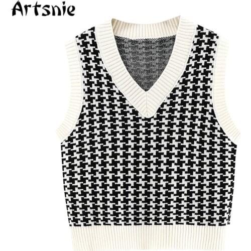 Artsnie Handstooth Sweater Vest Women Autumn V Neck Sleeveless Sweater Pull Femme Streetwear Vintage Ladies Knitted Sweater Vest