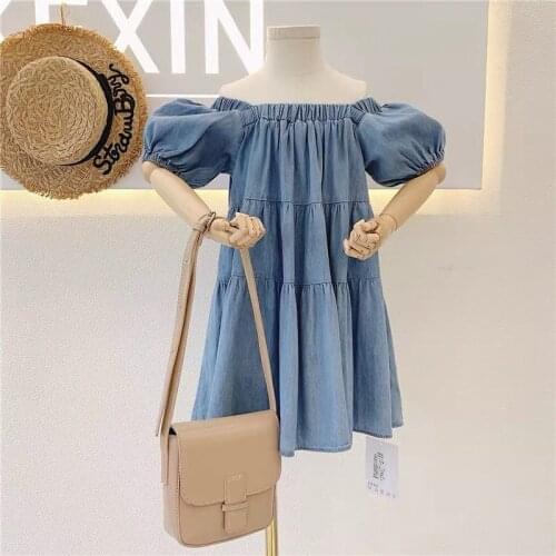 2020 New Style Girls Denim Dress Off Shoulder Fashion Puff Sleeve Girls Dresses 2-7t QW38