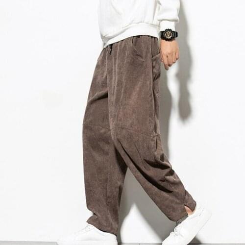 Men Corduroy Pants Streetwear Joggers Drawstring Loose Trousers Men Casual Long Pants National Style Trousers