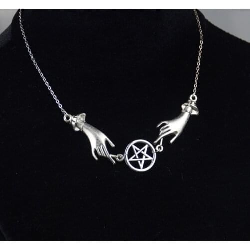 Witchy Hand Pentagram Chain Choker Hand Clear Quartz Necklace Gothic Mystery Pagan Jewelry