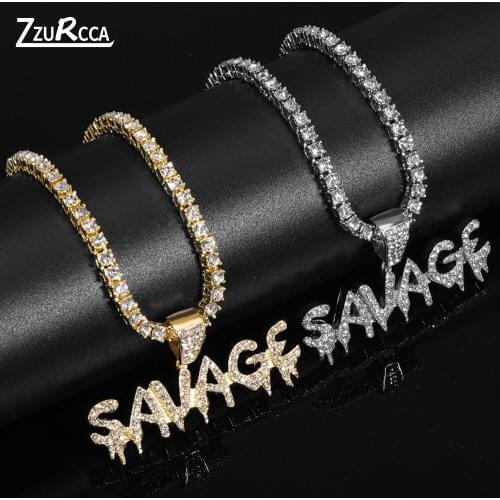 Letter Savage Iced Out Chain Pendant Necklace With Tennis Cuban Link Chain Necklace for Men Women Fashion Jewelry Gift