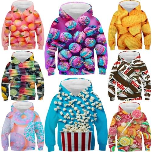 Children Funny Food 3D Print Hoodie Kids Macaron Sweatshirt Boys Girls Nutella Pullover Harajuku Autumn Winter Potato Chips Tops