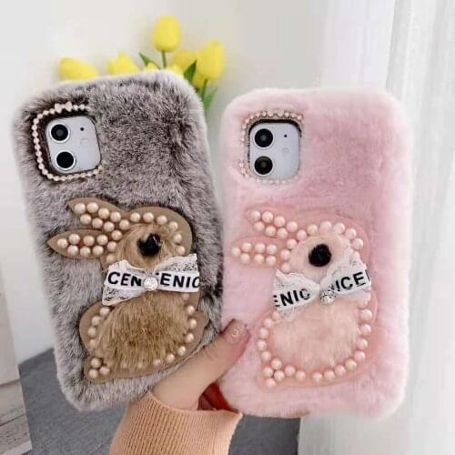 For Samsung Galaxy S8 S9 S10 S20 FE S21 Plus Note 8 9 10 20 Ultra Luxury Diamond Lens Warm Furry Pearl Lace Rabbit Phone Case