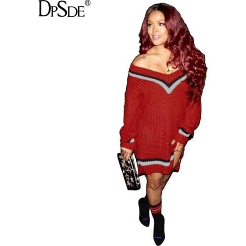 DPSDE Winter Keep Warm Bandage Red Sweater Dress Women Full Sleeve Casual Loose Dress Streetwear Off Shoulder 2020 Mini Dress