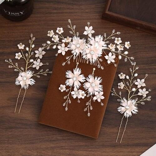 FORSEVEN Romantic Handmade Rhinestone Light Pink Flower Hairpin Haircomb Earrings Set Girl Bride Wedding Party Jewelry Set JL