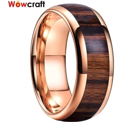 8mm Mens Rose Gold Bands Tungsten Carbide Ring Nature Dark Red Wood Inlay Comfort Fit New Design Wedding Rings