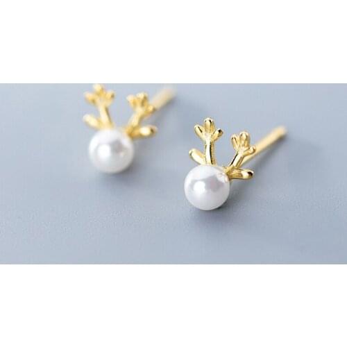 MloveAcc 100% 925 Solid Sterling Silver Sweet Deer Synthetic Pearls Stud Earring Gift for Women Teen Girl Kid Lady